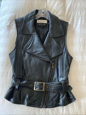 Black Leather Belted Moto Vest